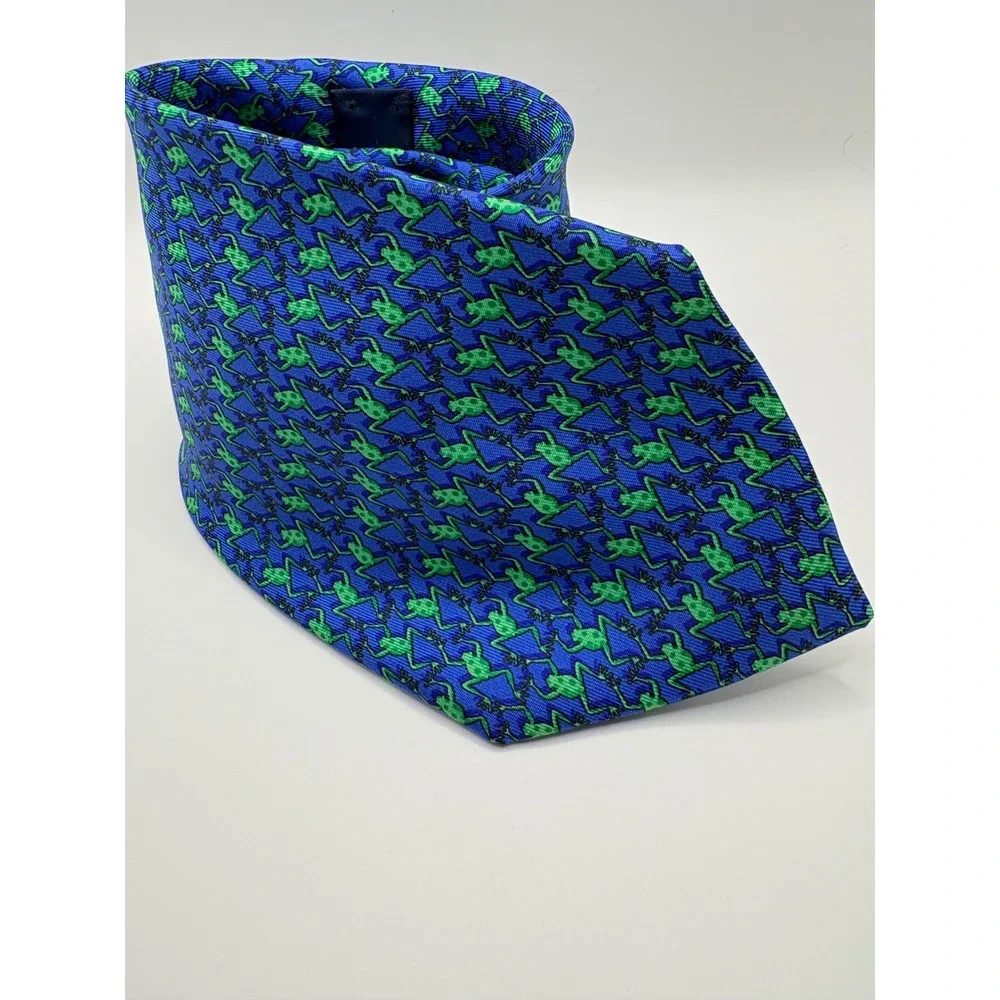 Eximious of London Mens Silk Tie Blue Green Frog Animal Print Made in Italy